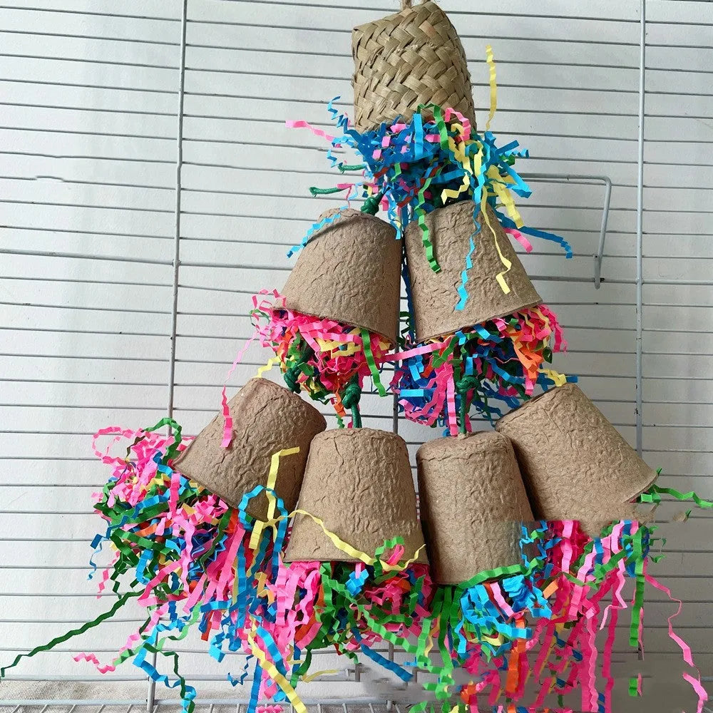 Parrot gnawing toy with paper cup and palm weaving construction hanging at 38cm height