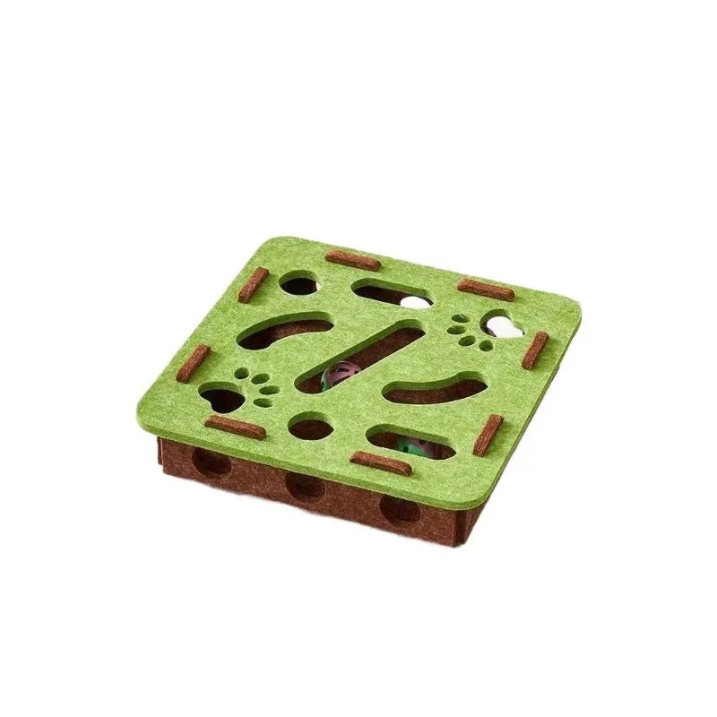 Rectangular felt cat scratch box with artifact holes measuring 30cm in neutral colours