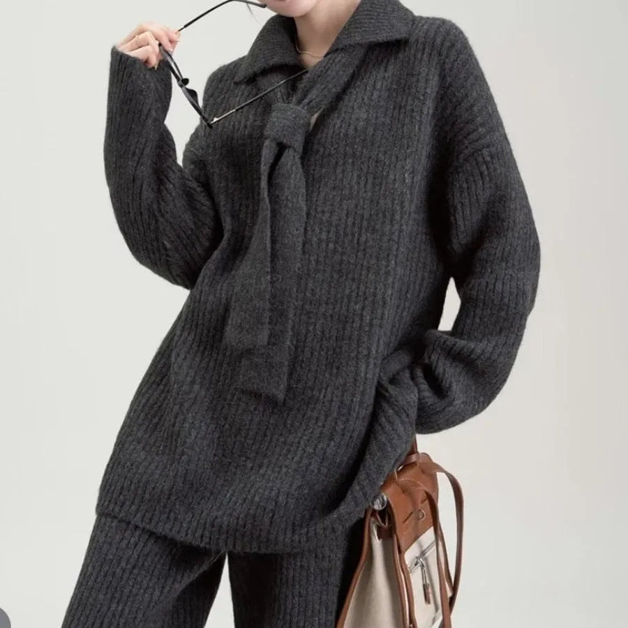 Women's sweater suit two-piece set with long-sleeve top and trousers in imitation cashmere fabric