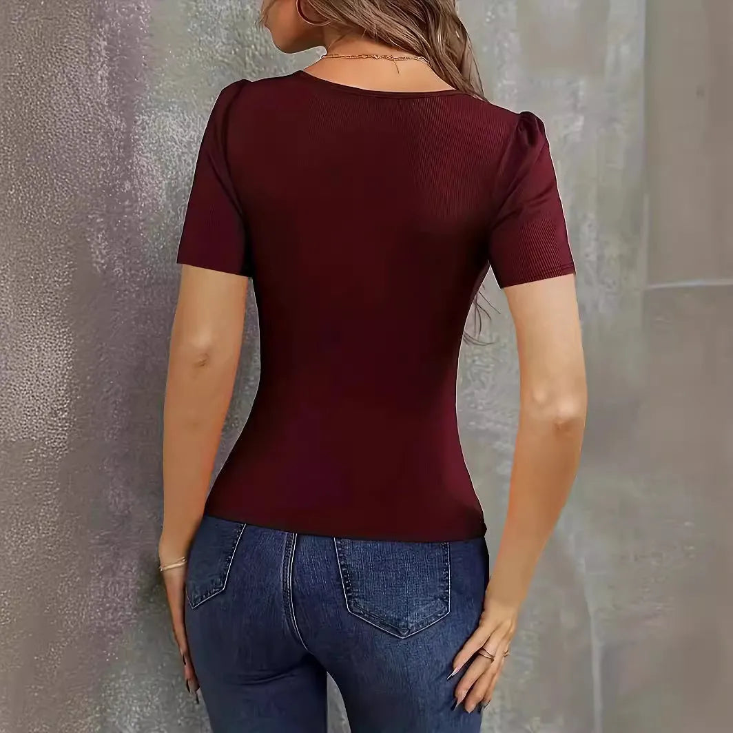 Women's slim fit knitted short sleeve top with low neckline in wine red, black or green colours