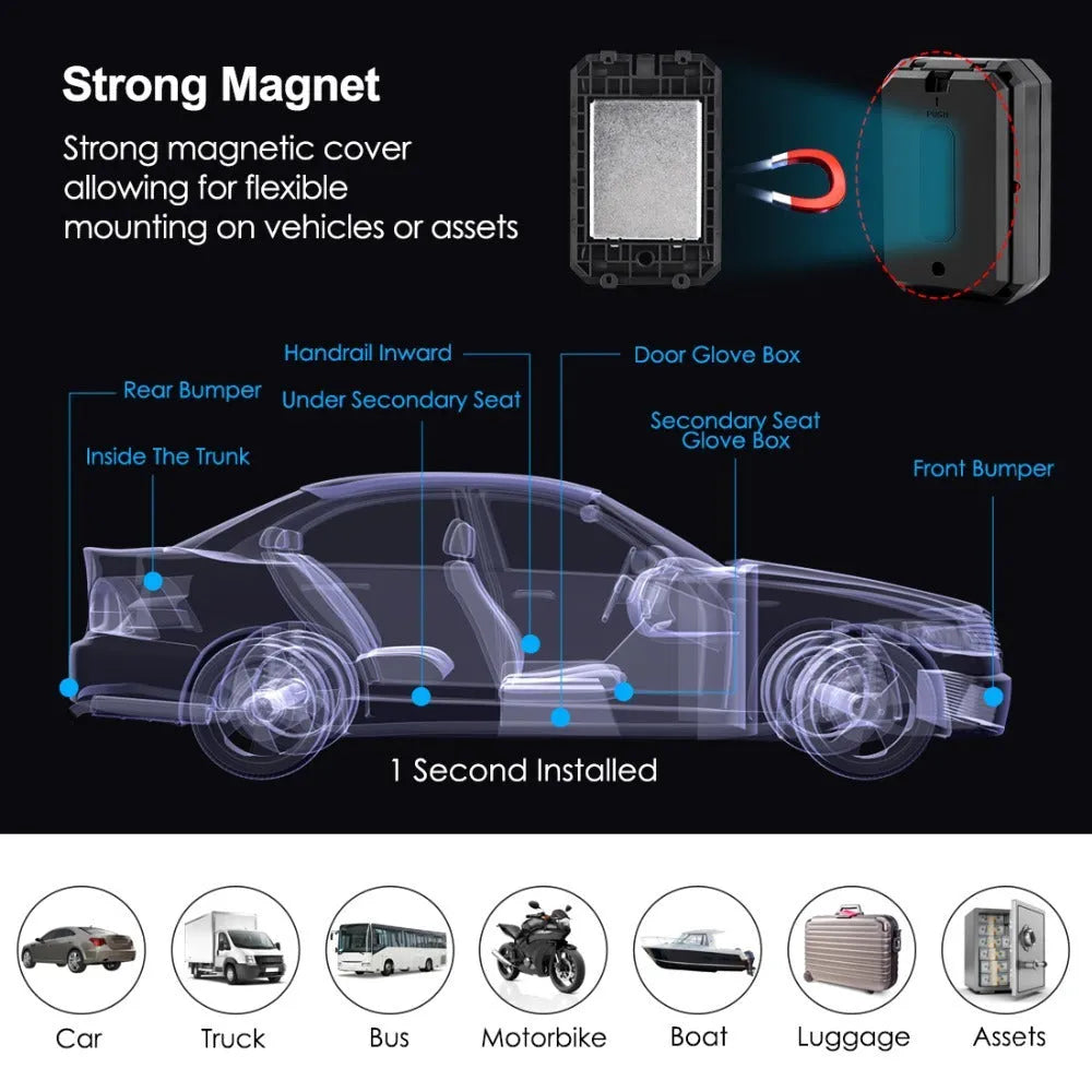 Black GPS car locator with 6000mAh battery and ceramic antenna for vehicle tracking.