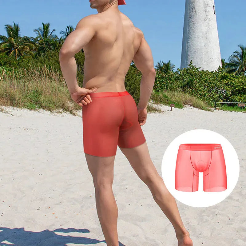 Men's solid colour ice silk boxers in low-waist design showing orange, pink and red options