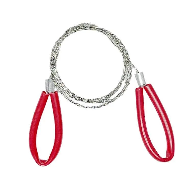 German stainless steel survival wire saw with leather hand case, showing black and red colour options.