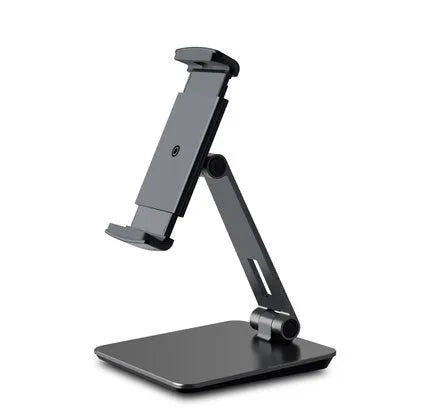 Folding desktop phone tablet stand in silver with 360-degree rotation feature