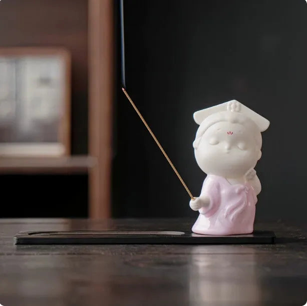 Ceramic little female court attendant incense burner decoration in cute style.