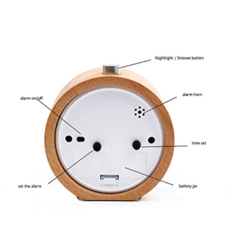 Solid beech wood bedside alarm clock with analogue display and silent snooze mechanism