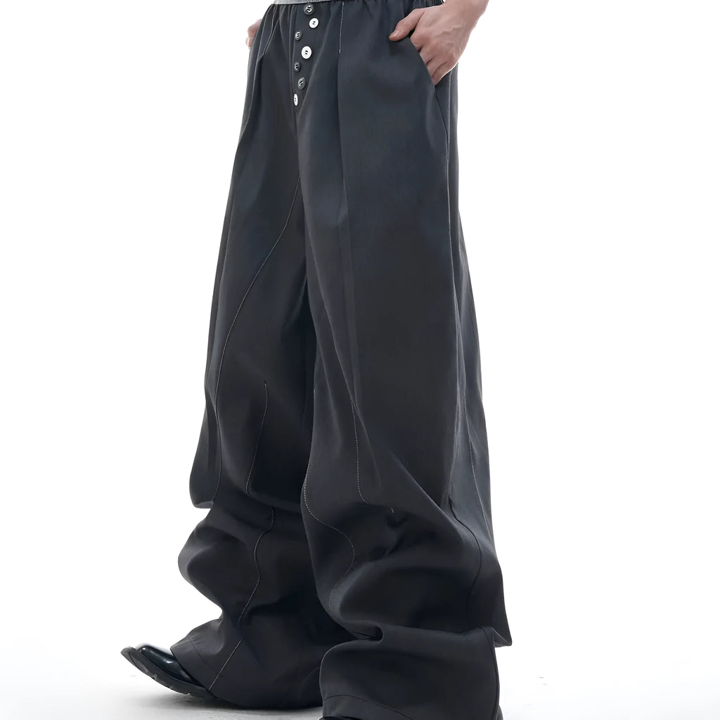 Drooping straight-leg suit pants with button open line design and high waist in black and grey colours