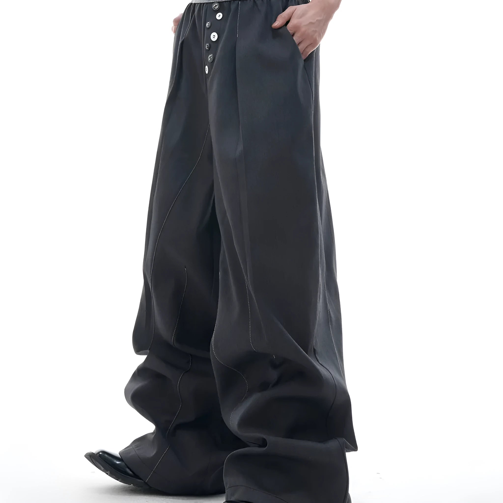 Drooping straight-leg suit pants with button open line design and high waist in black and grey colours