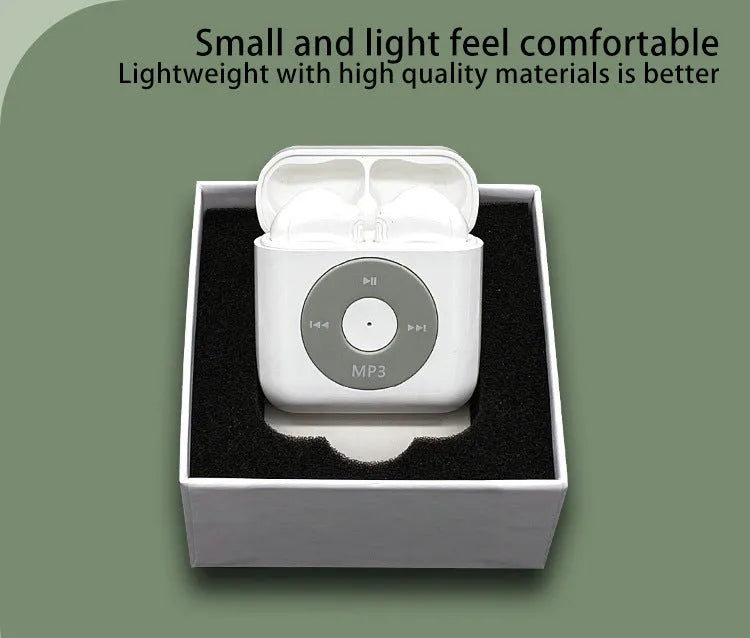 White wireless Bluetooth earphones with charging case showing semi in-ear design