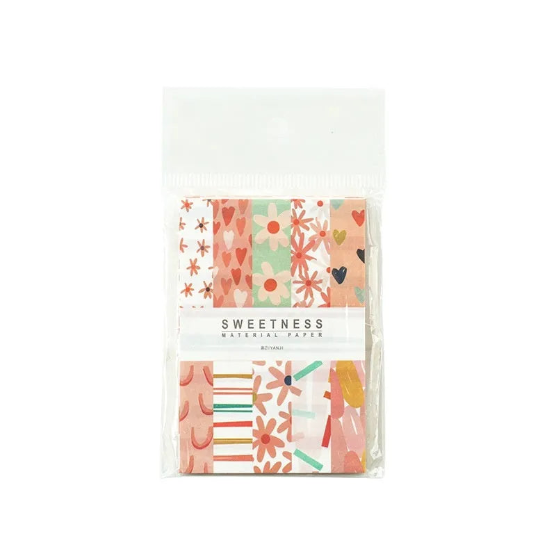 Pack of 50 retro collage design note papers in dessert-themed colours, each sheet 56mm by 83mm.