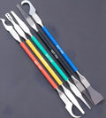 Five stainless steel disassembly crowbar tools with thin blades for plastic removal.