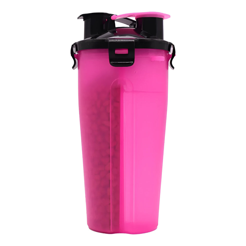 Portable dog water bottle and food storage container in assorted colours showing water and food compartments