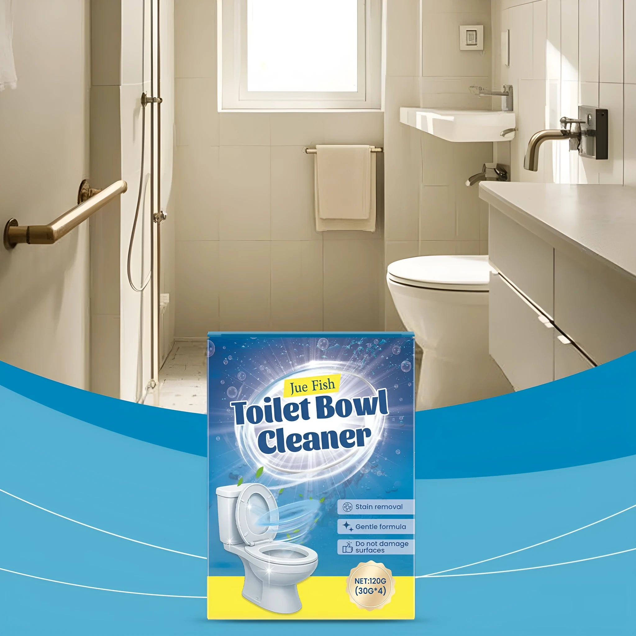 Toilet cleaning powder in four 30g sachets with sodium bicarbonate and citric acid formulation