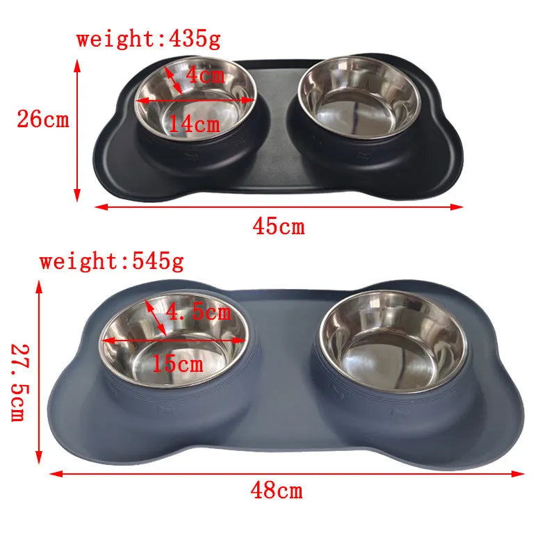 Large silicone dog bowl with stainless steel dish in blue colour on non-slip mat