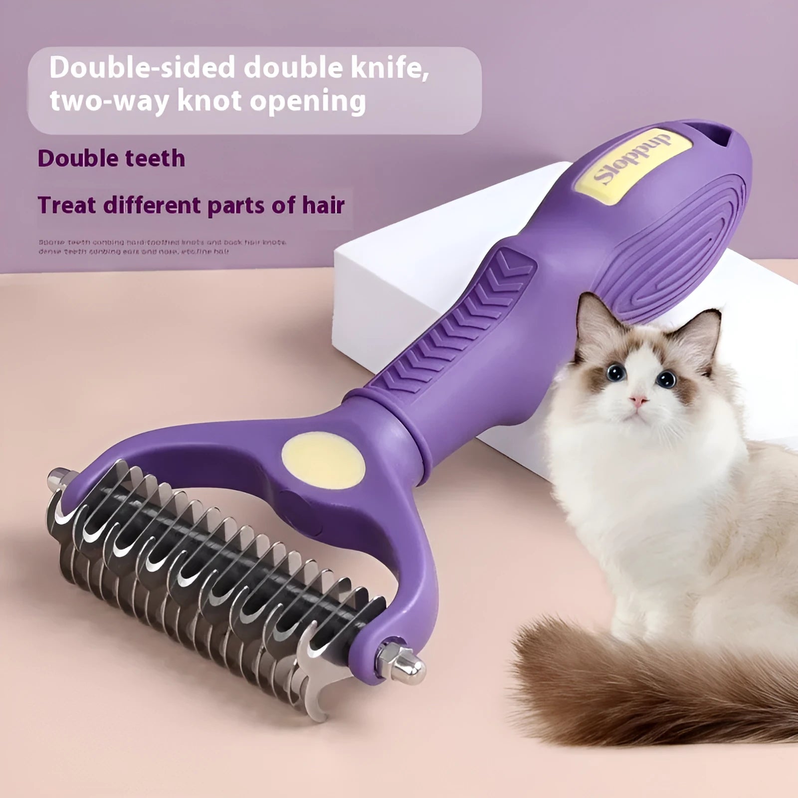 Purple plastic double-sided pet comb for dog and cat grooming