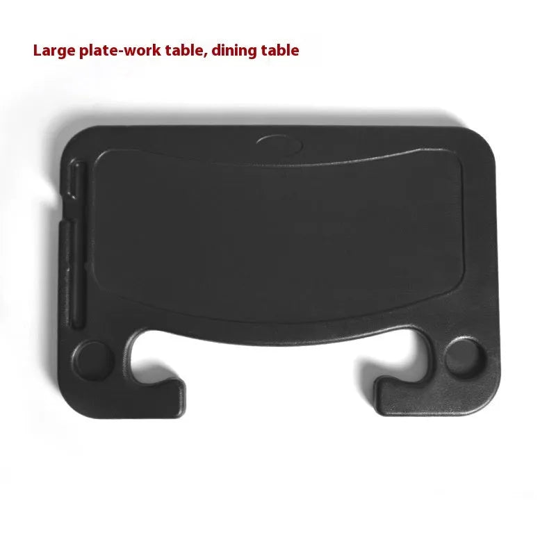 Large black ABS car steering wheel laptop stand with integrated foldable cup holder, mounted on a car steering wheel.