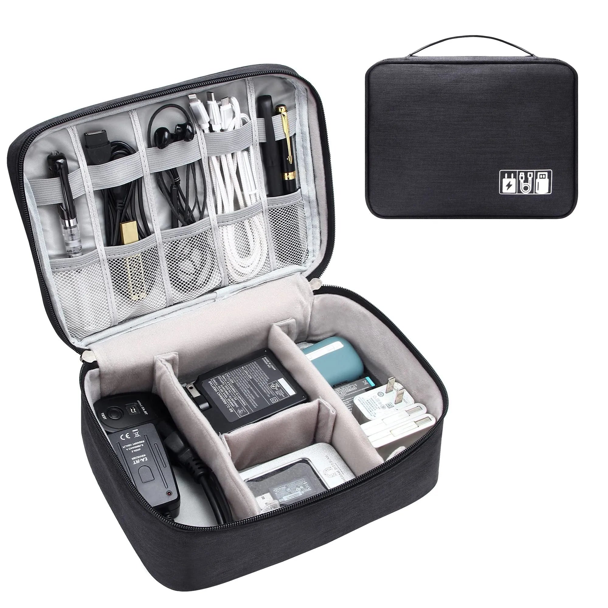 Black waterproof electronics organiser case open, showing mesh pockets, elastic loops, and removable padded dividers inside.