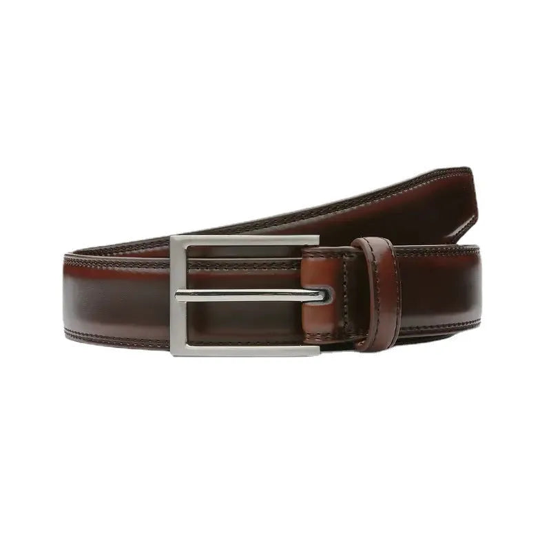 Men's brown leather belt with textured grain and metal buckle on a table.