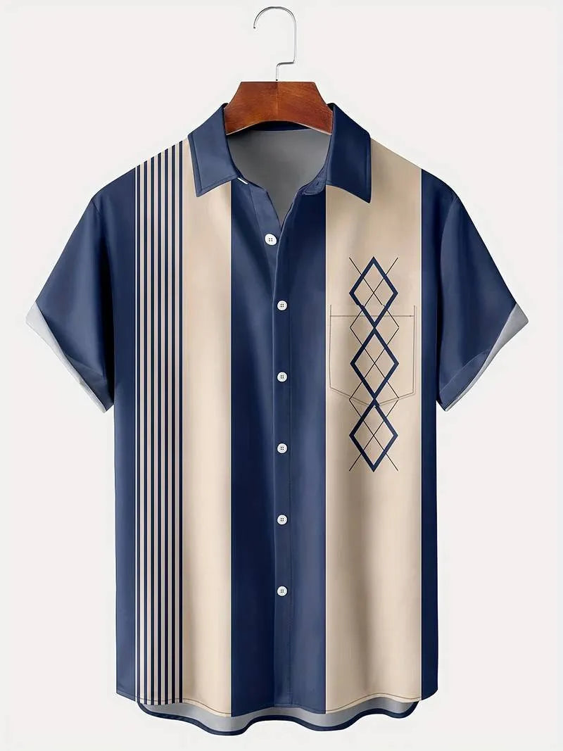 Man wearing a loose-fit plaid lapel cardigan shirt in polyester fabric for summer.