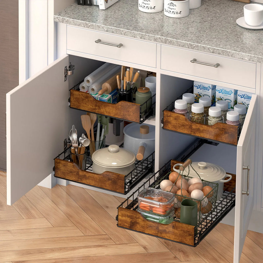 Black simple modern storage rack with a pull basket, made from wood and iron for drawer organisation.