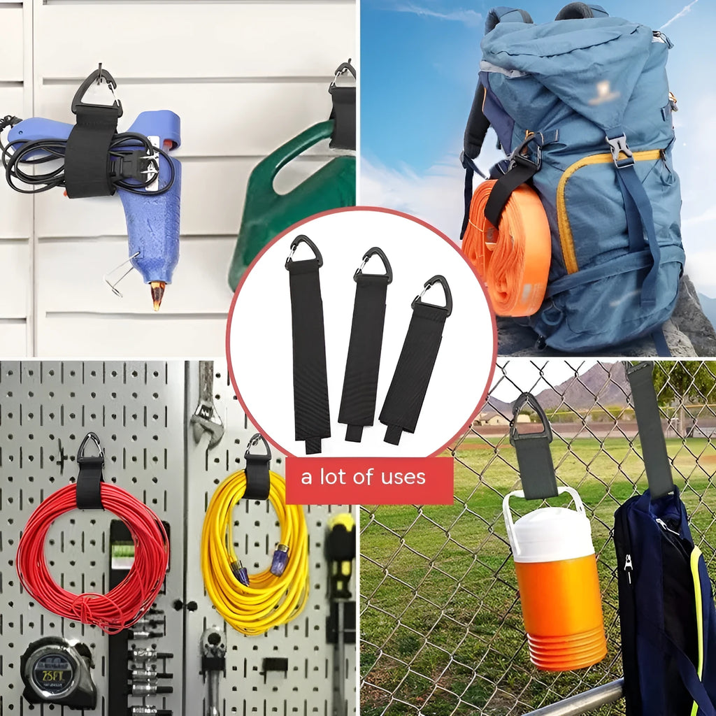 Black gravity strap climbing storage organiser with carabiner hook in three size variations