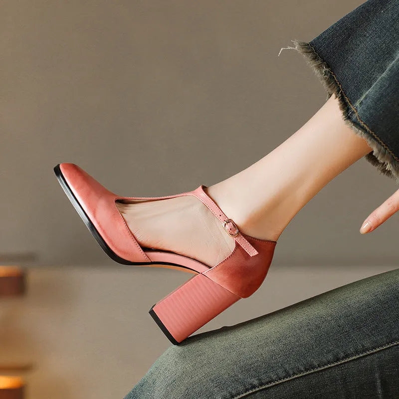 Women's dark brown retro pointed toe Mary Jane shoes with buckle and Baotou hollow design.