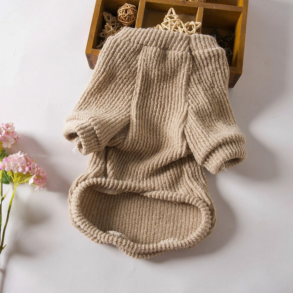 Brown cloth pullover sweater for small breed dogs on mannequin showing casual style