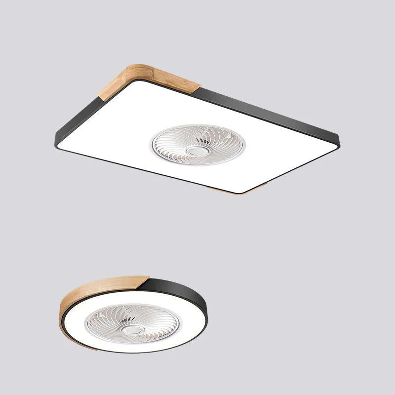 Nordic ceiling fan and light combination fixture with solid wood base in rectangular, round, or square options
