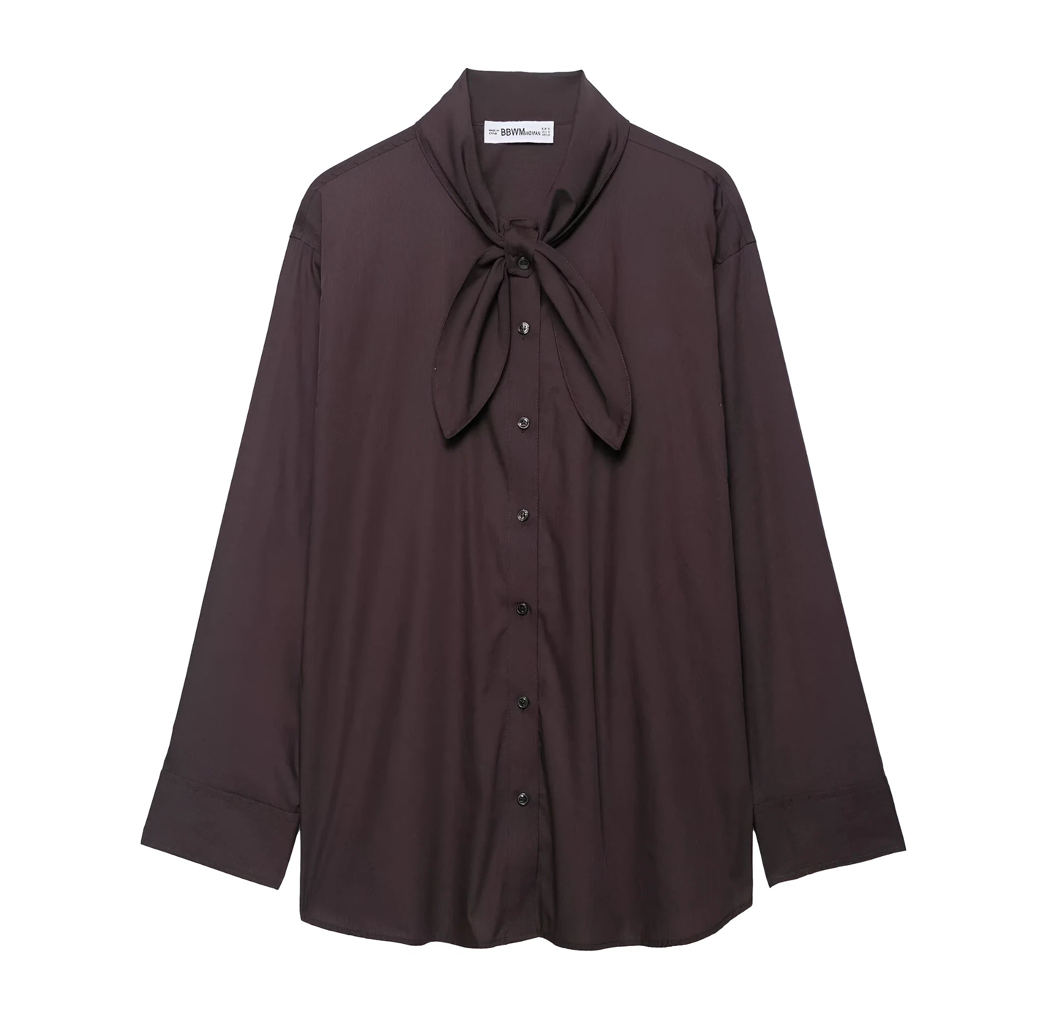 Brown women's poplin shirt with built-in scarf and bow tie detail, loose fit design