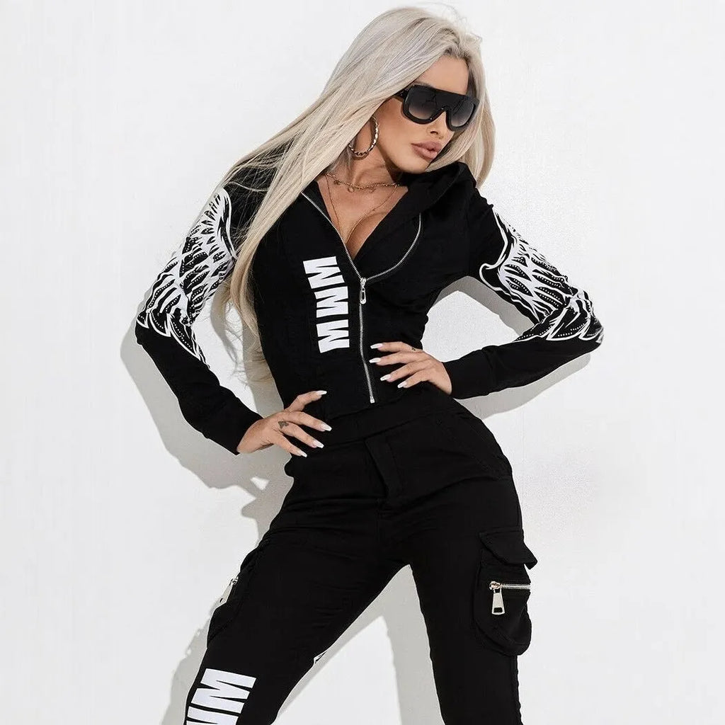 Black women's hooded casual suit with wings printing pattern, showing zipper top and matching trousers