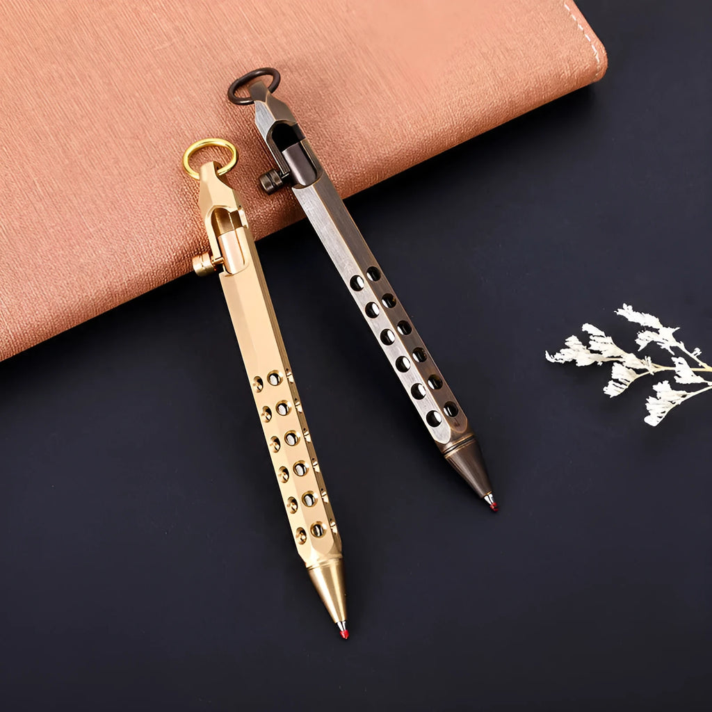 Brass hexagonal bolt rollerball pen with 0.5mm tip and retro mechanical design