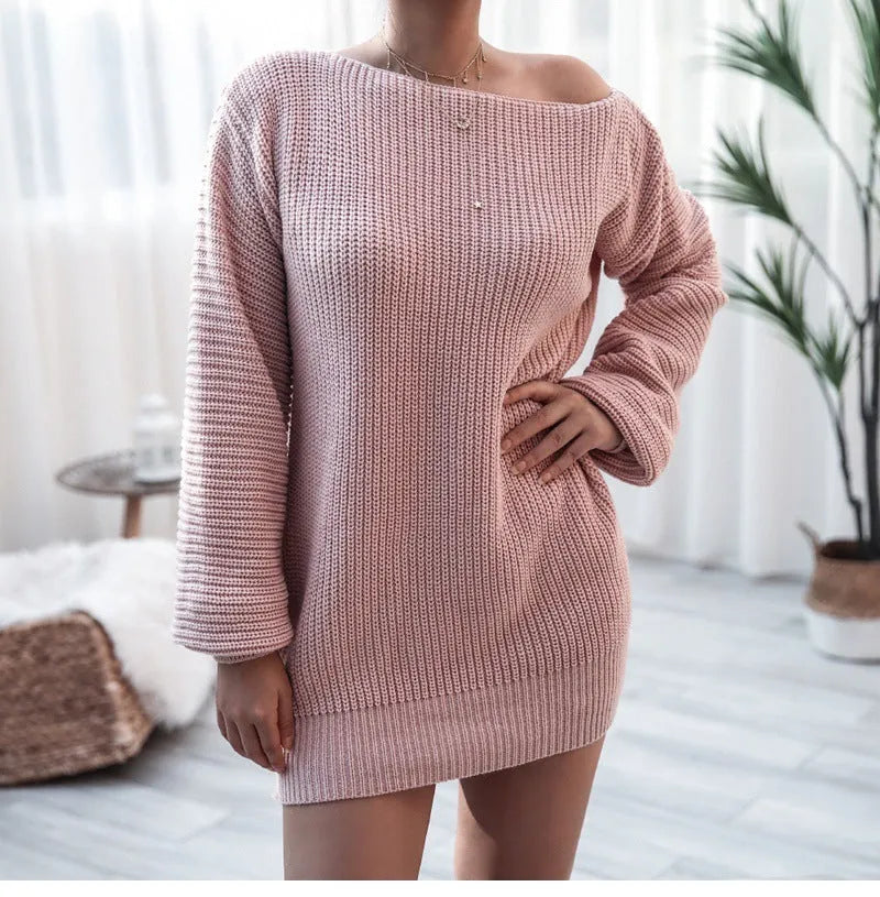 Women's off-shoulder knitted dress with lantern sleeves in solid colour