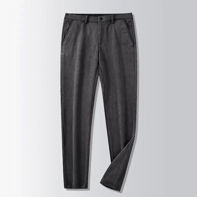 British retro striped straight leg trousers in chemical fibre blend fabric shown in khaki colour