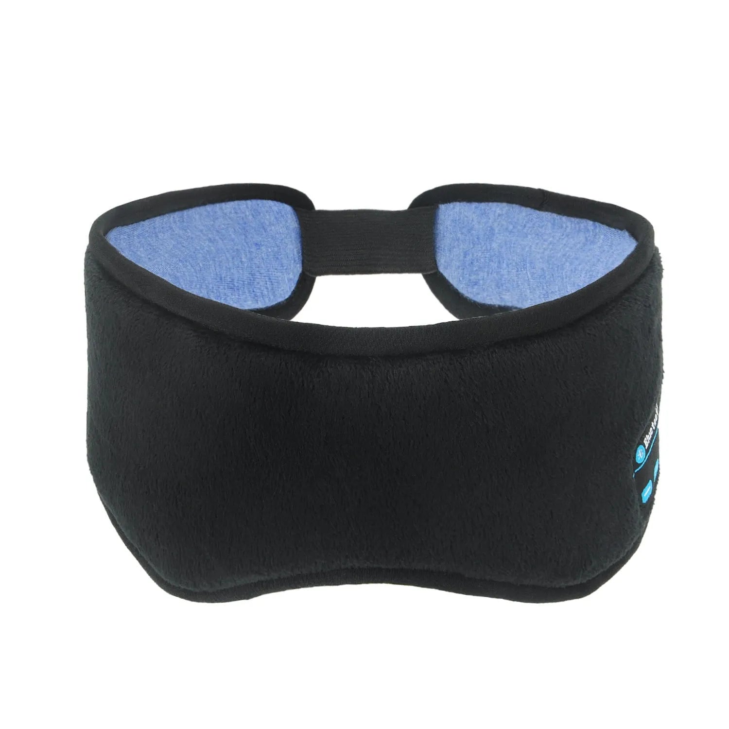 Black Bluetooth sleep eye mask with small integrated wireless earphones, shown in a relaxed position on a pillow.