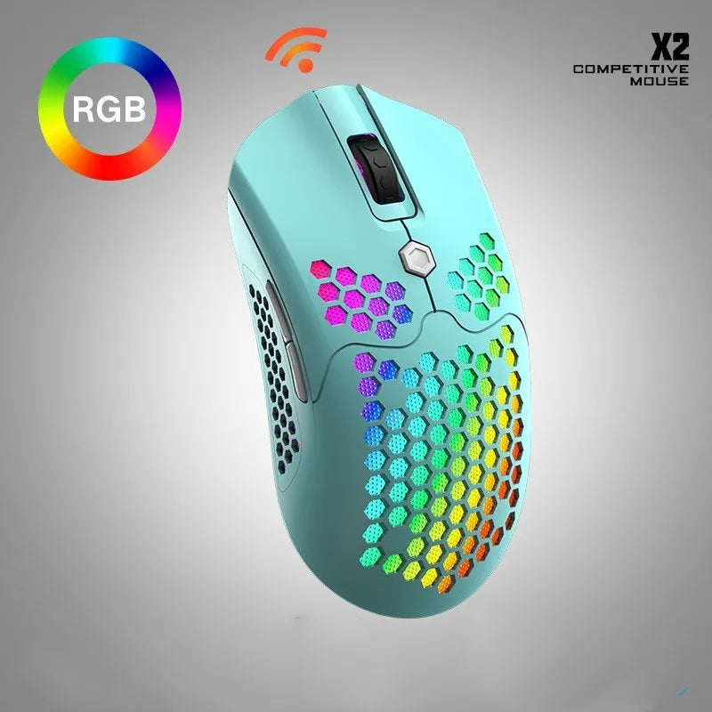 Free Wolf X2 wireless gaming mouse showing RGB lighting and ambidextrous symmetrical design