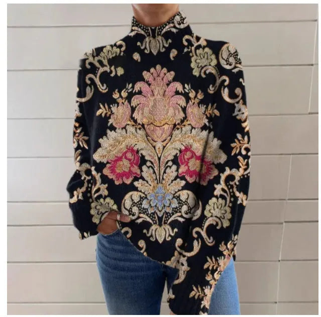 Black line 3D pattern printed turtleneck long sleeve sweater with loose fit