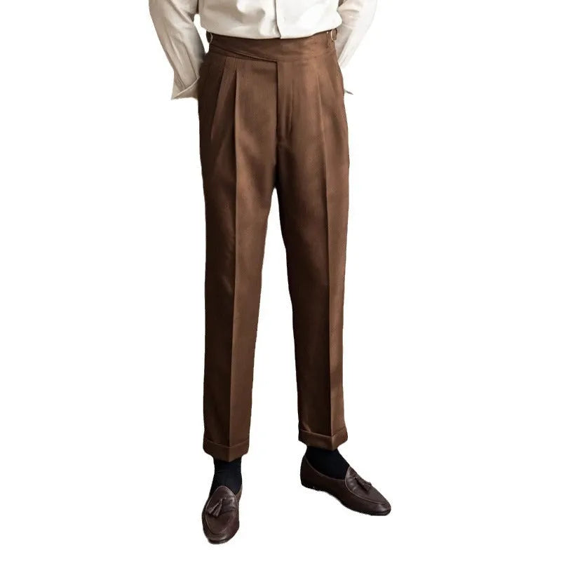 Men's high-waisted straight leg casual trousers in black, shown laid flat.