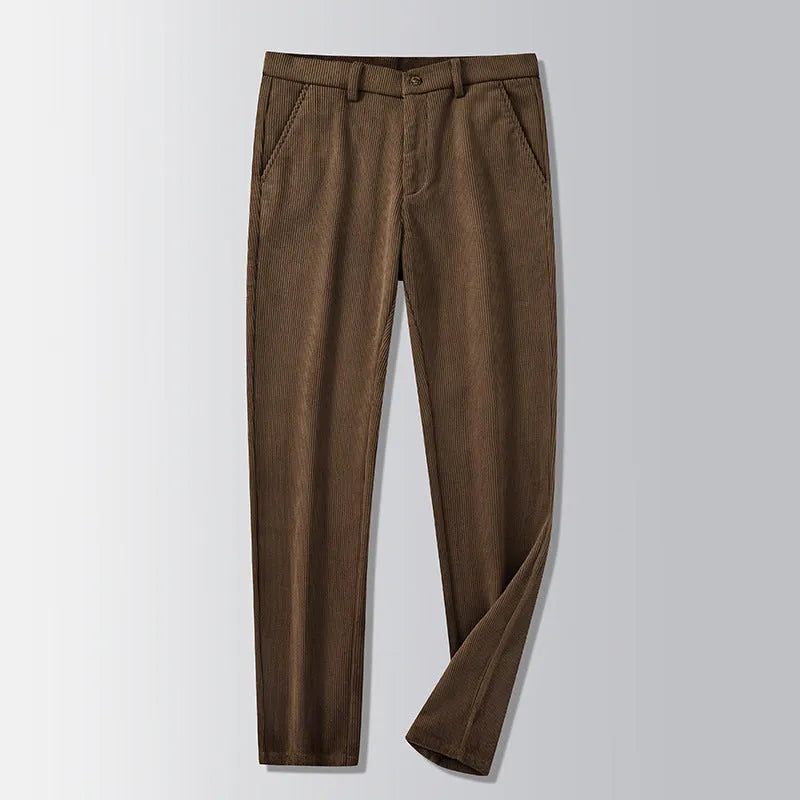 British retro striped straight leg trousers in chemical fibre blend fabric shown in khaki colour
