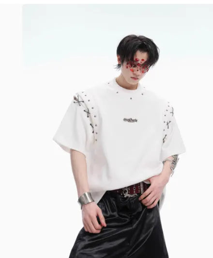 Men's black short sleeve t-shirt with lace-up cutout design detail on the front.