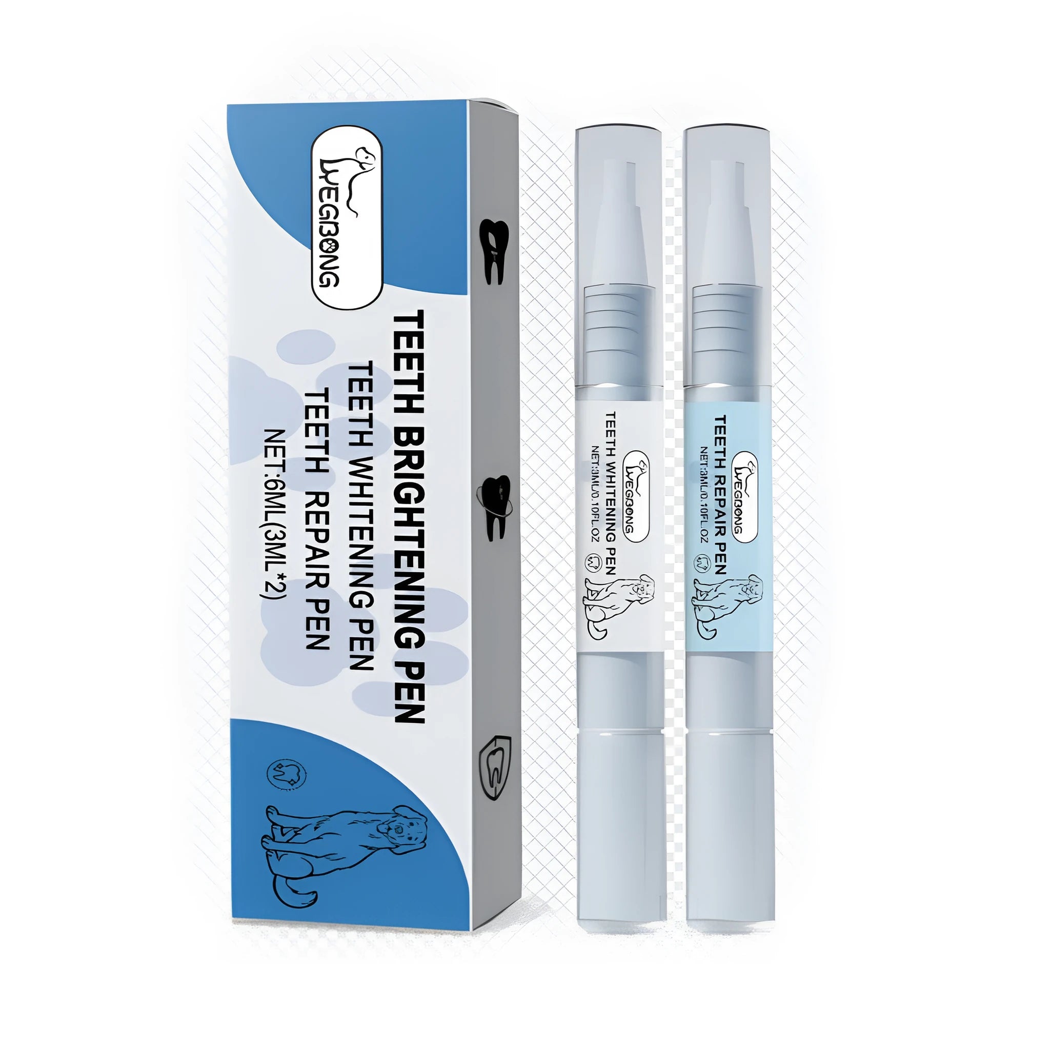 Pet teeth whitening pen set with repair and brightening pens measuring 1.3cm wide