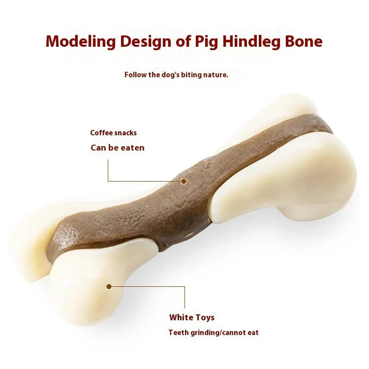 Durable bone-shaped dog chewing toy made from textured cowhide and nylon in two sizes.