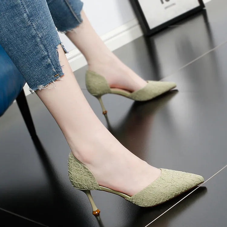 Ladies pointed toe high heels with stiletto heel in black, green and beige colour options