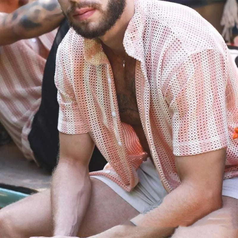 Men's pink waffle texture cardigan shirt with loose fit and short sleeves