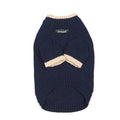 British style wool pet sweater on a small dog, showing the two-leg design in Crown Blue colour.