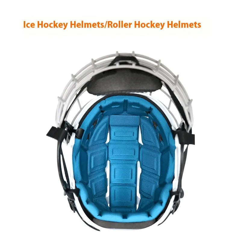 Ice hockey helmet with carbon steel face mask shown in available sizes S, M, L, and XL.