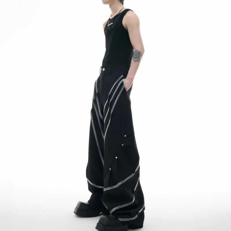 Men's trousers with metal striped rivet pleated design and three-dimensional cutting in polyester fabric