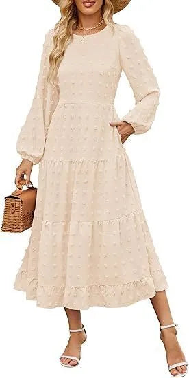 Women's autumn long sleeve dress with high waist and ruffled sleeves in solid colour