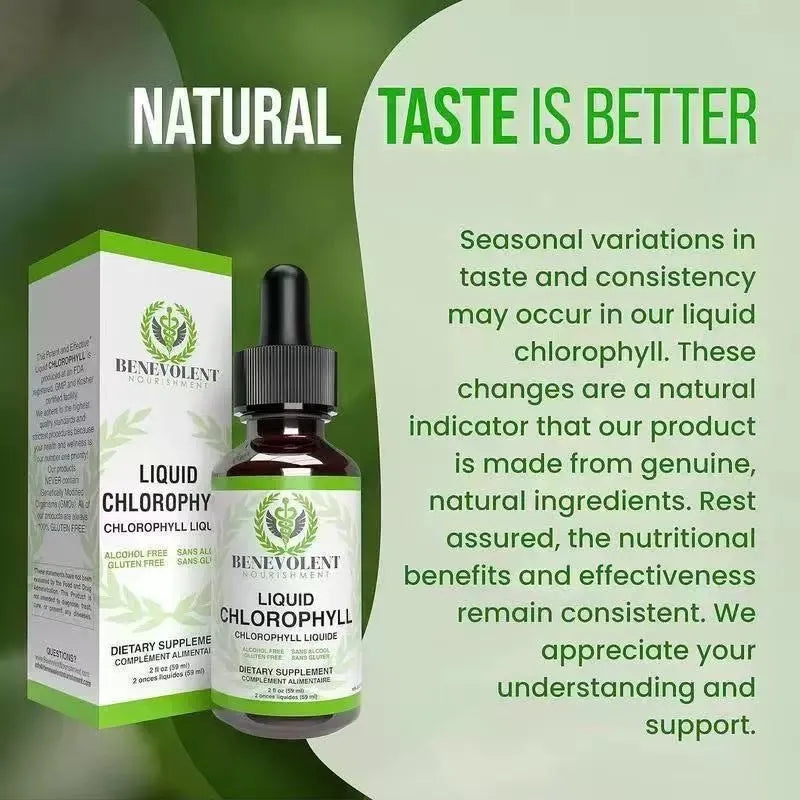 60ml bottle of natural liquid chlorophyll drops for adult dietary supplement use.