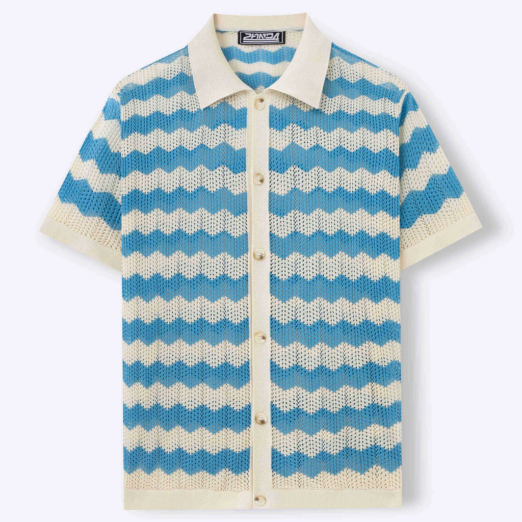 Men's short-sleeve t-shirt with corrugated jacquard texture and flocking detail in yellow, blue, or brown.