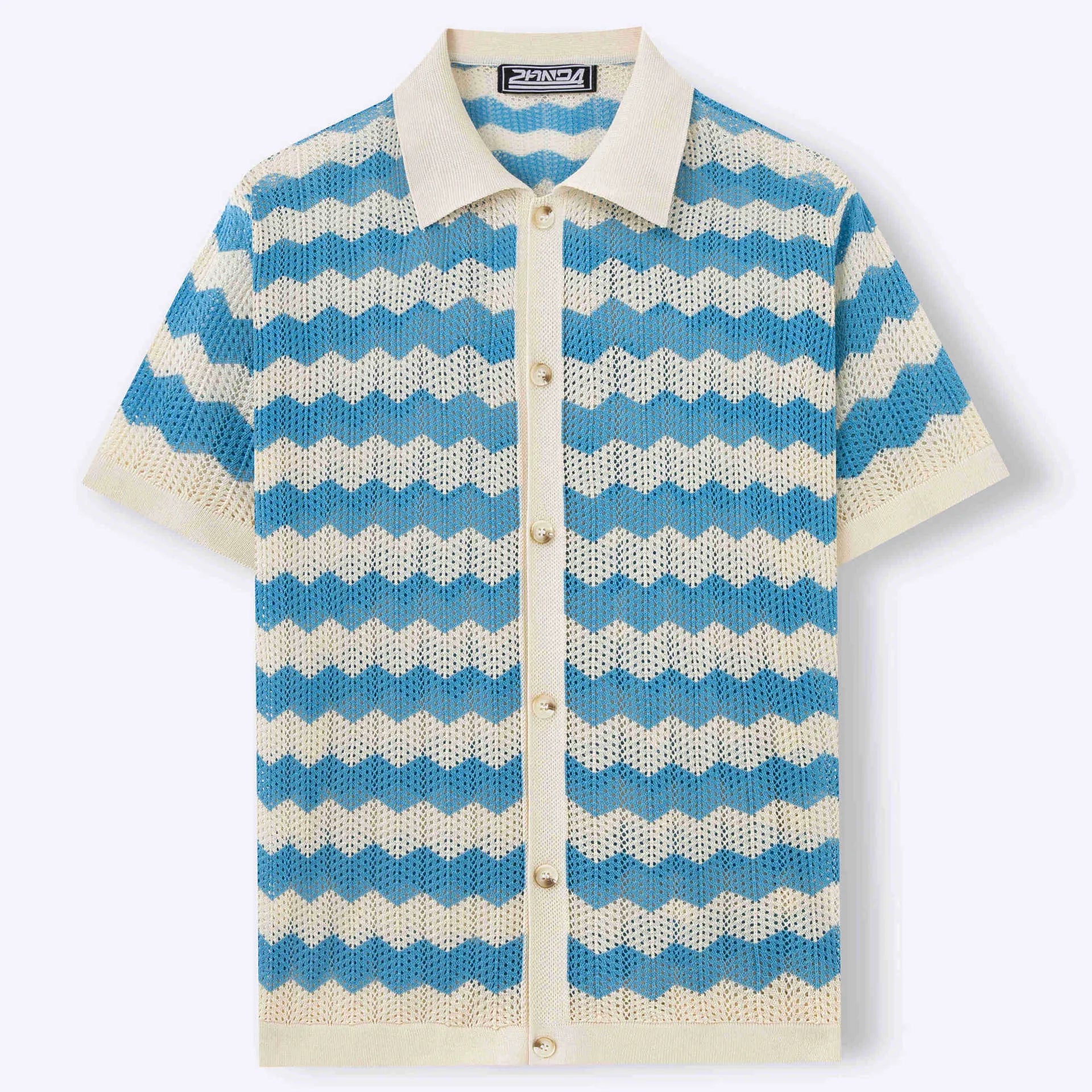 Men's short-sleeve t-shirt with corrugated jacquard texture and flocking detail in yellow, blue, or brown.